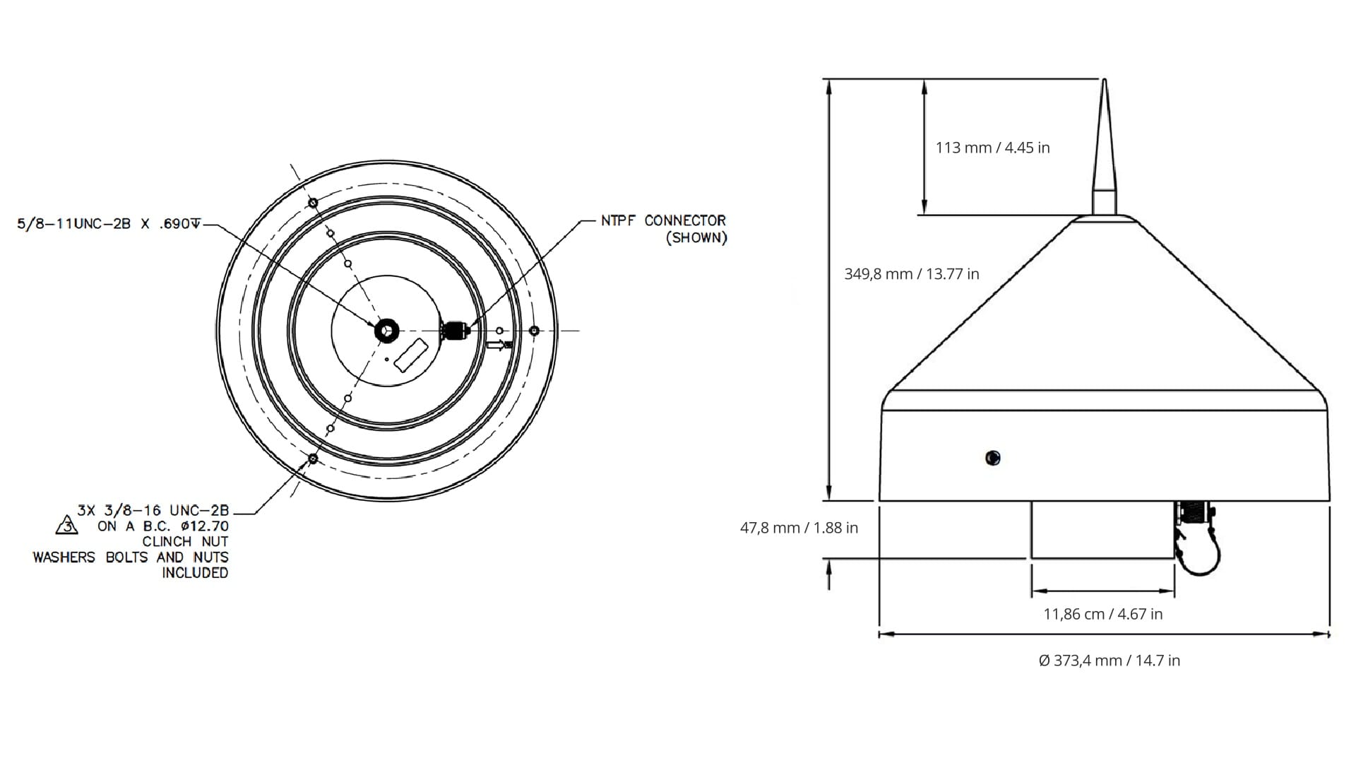 Landscape Top, Front and Side views of Mechanical Drawings for the PolaNt Choke Ring B3-E6 Antenna