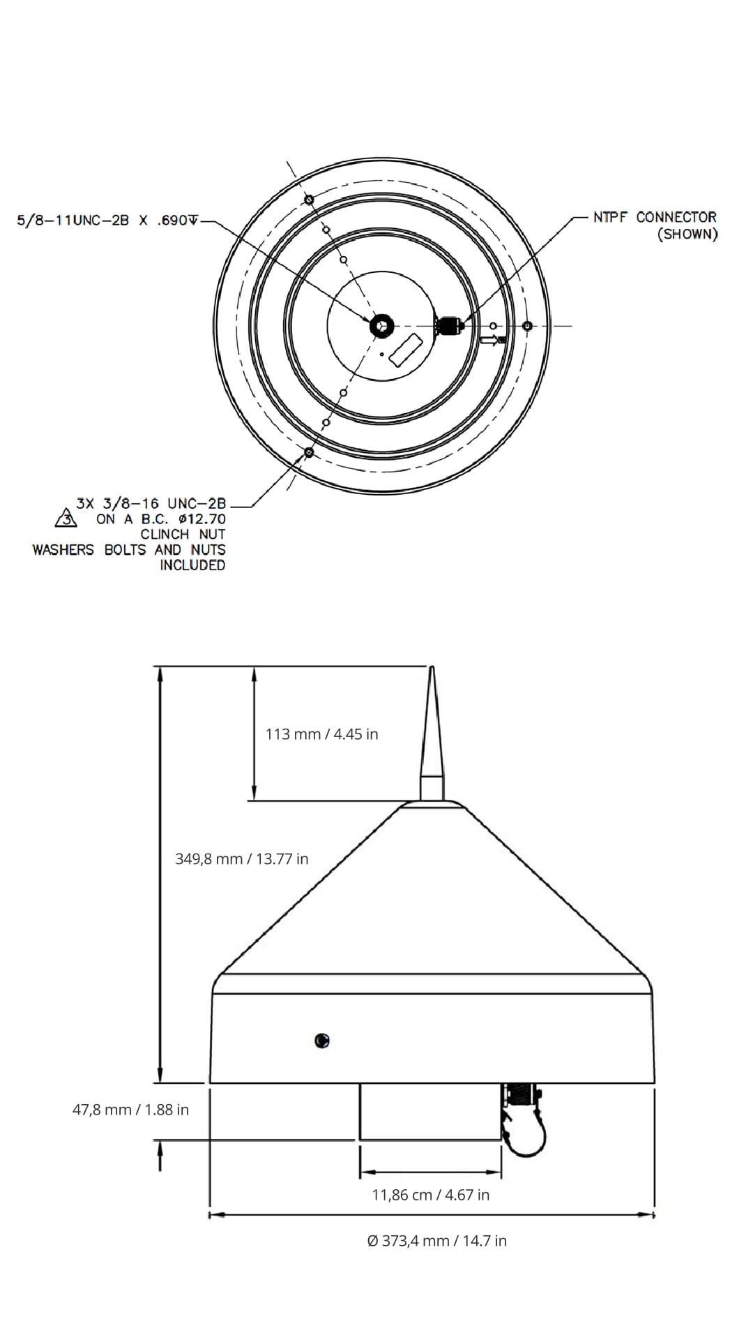 Portrait Top, Front and Side views of Mechanical Drawings for the PolaNt Choke Ring B3-E6 Antenna