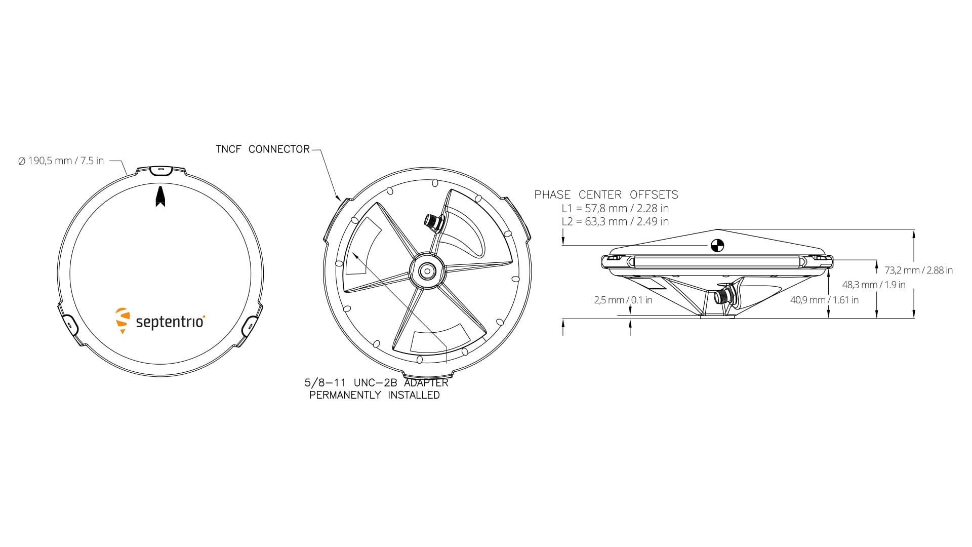 Landscape Top, Front and Side views of Mechanical Drawings for the PolaNt* MFv2 Antenna