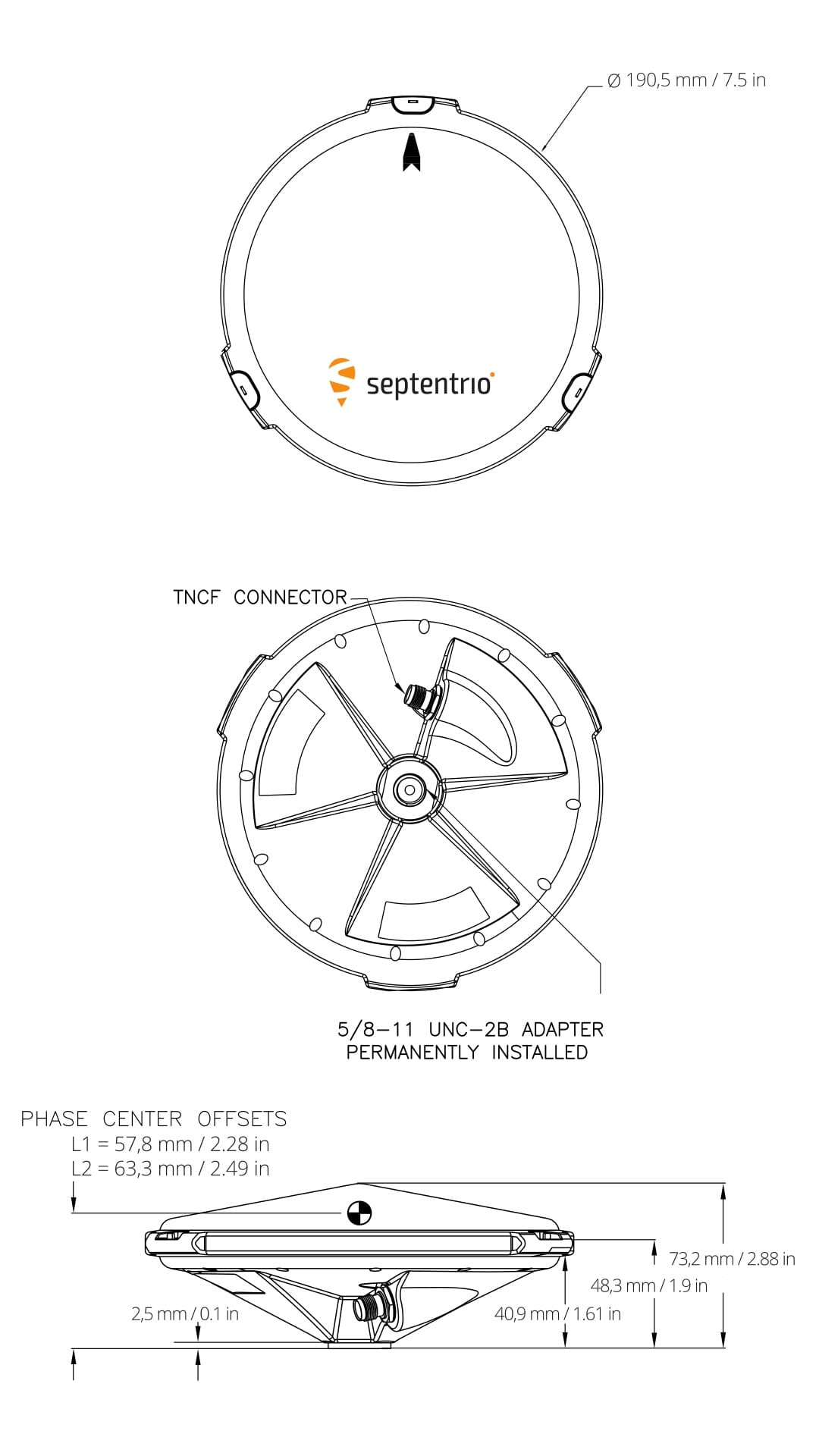 Portrait Top, Front and Side views of Mechanical Drawings for the PolaNt* MFv2 Antenna